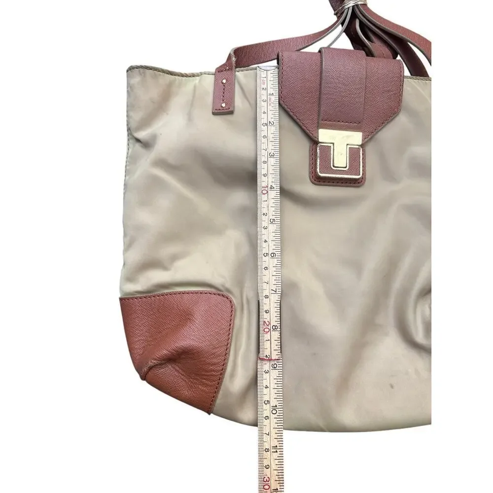 Tory Burch Canvas Leather Trim Tote Bag Tan Penn Tote
